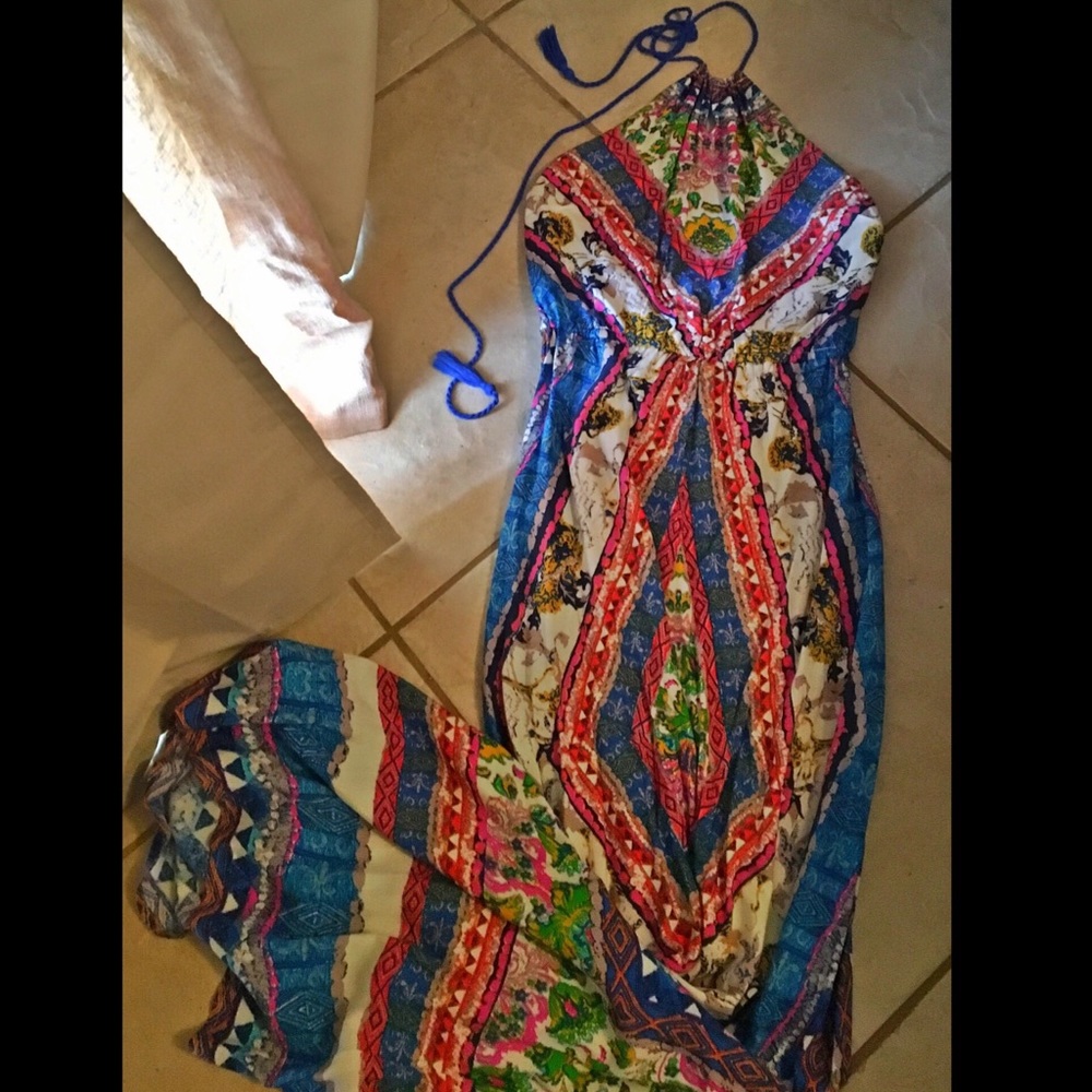 Boho Multi-Color Halter Maxi Dress W Tassel Detail